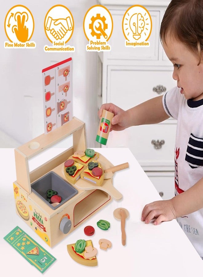 Gserin 50PCS Wooden Pizza Toy, Pizza Counter Playset with Bake Oven, Kitchen Play Food and Accessories for Kids, Montessori Pretend Play Toys for Boys Girls Age 3+ - Image 2